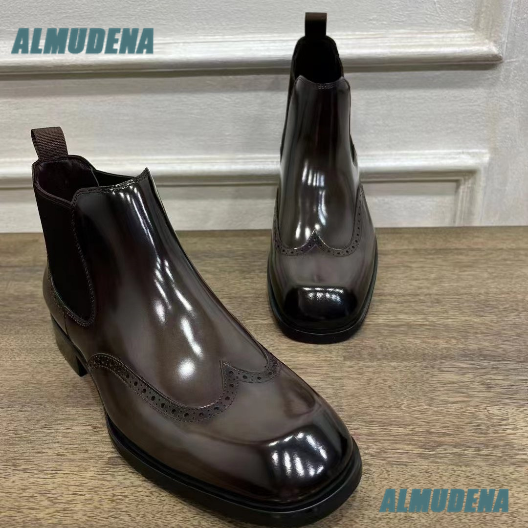 Men'S Formal Style - Botas Chelsea Brogue Marrones Brillantes para