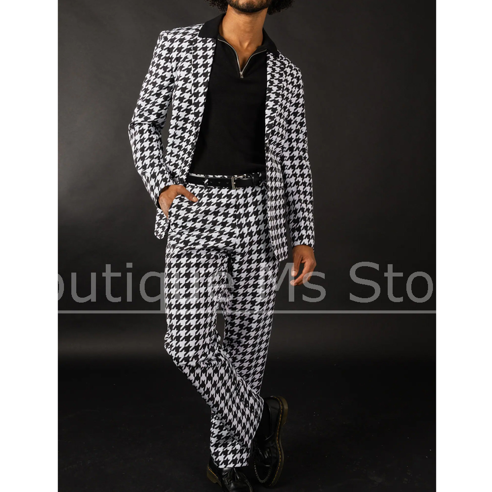 Men Formal Wear Black And White - Traje de pata de gallo blanco