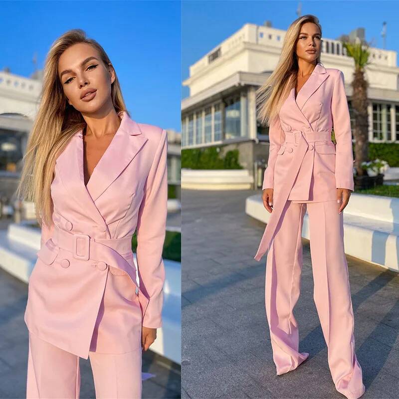 Double Breasted Blazer - Trajes Rosados de 2 Piezas para